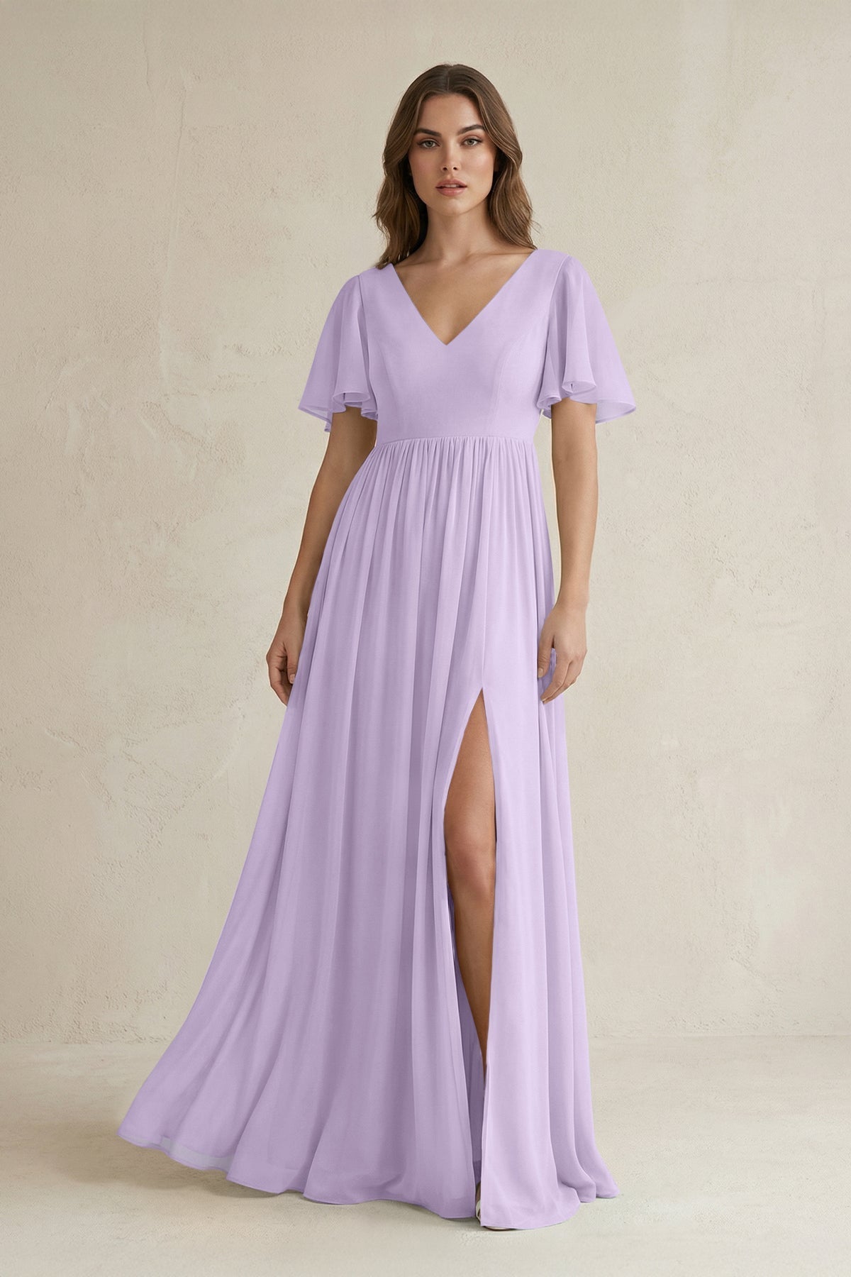 KissProm Short Sleeve V-Neck A-Line Chiffon Bridesmaid Dress in Lavender, Lavender / 14