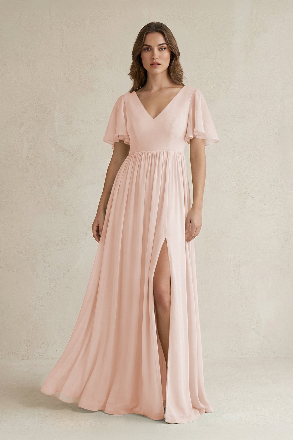 pale pink short bridesmaid dresses KissProm Sleeve V-Neck A-Line Chiffon Dress in Blush, Pale Blush / 30 Elegant Black Prom Dresses LD0896 Serving Size Guide:Large 10