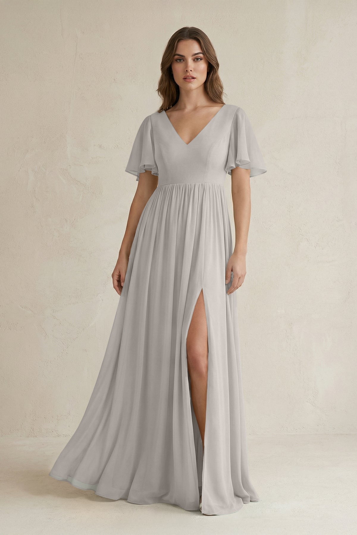 KissProm Short Sleeve V-Neck A-Line Chiffon Bridesmaid Dress in Silver, Silver / 8