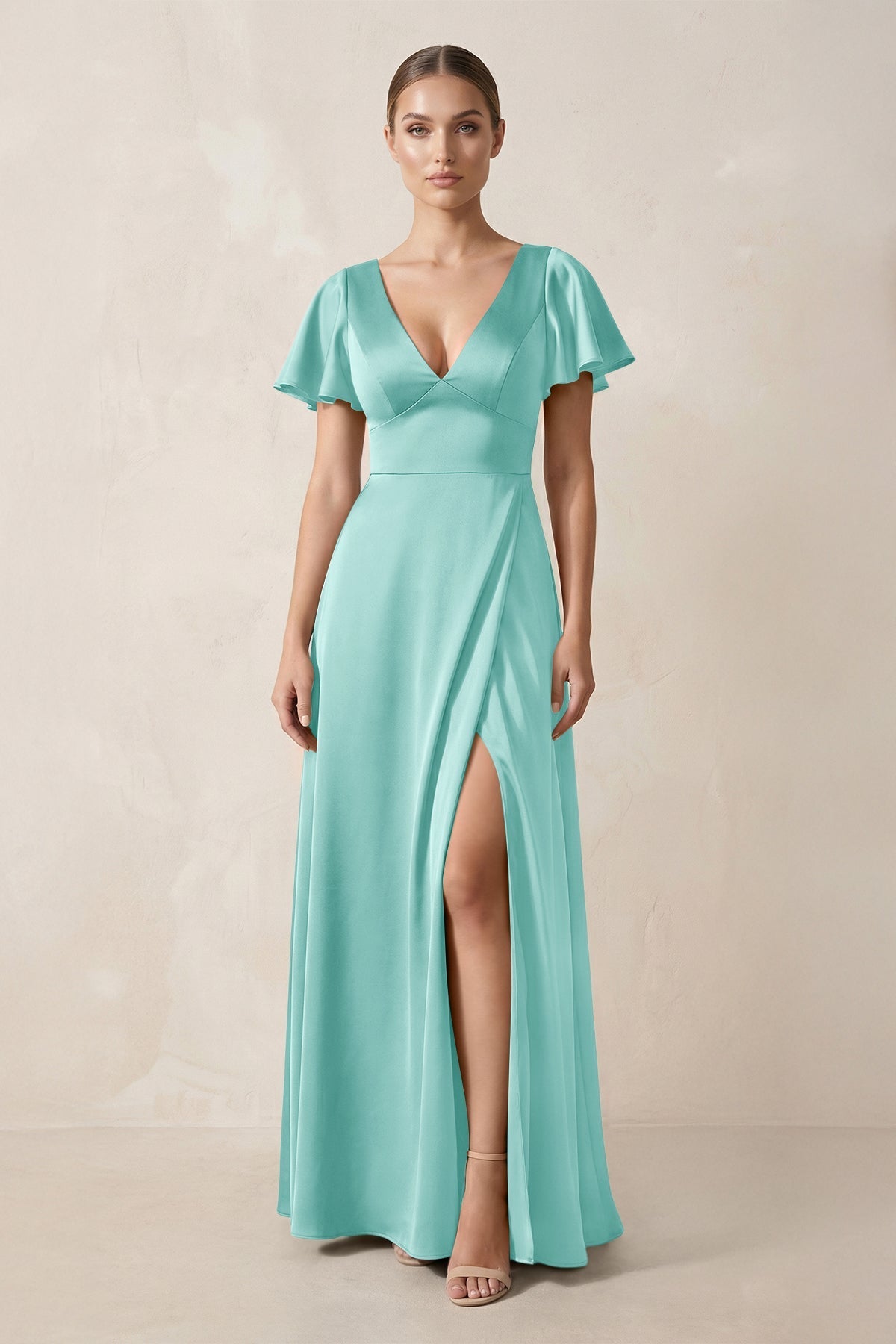 aqua short sleeve dress Short Sleeve V-Neck A-Line Satin Bridesmaid Dress With Slit in Aqua