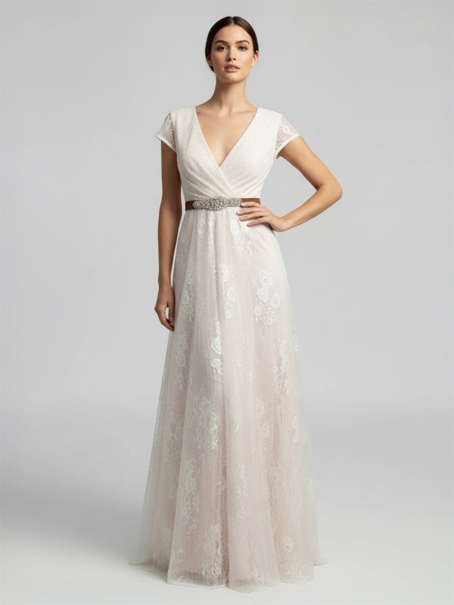 Short Sleeve V - neck Pleated Long Lace Wedding Dress - KissProm