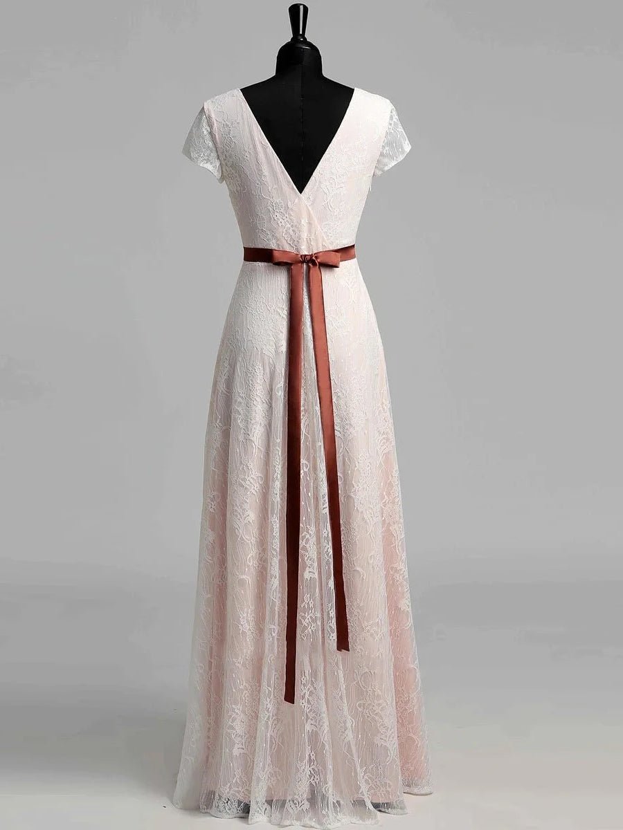 Short Sleeve V - neck Pleated Long Lace Wedding Dress - KissProm