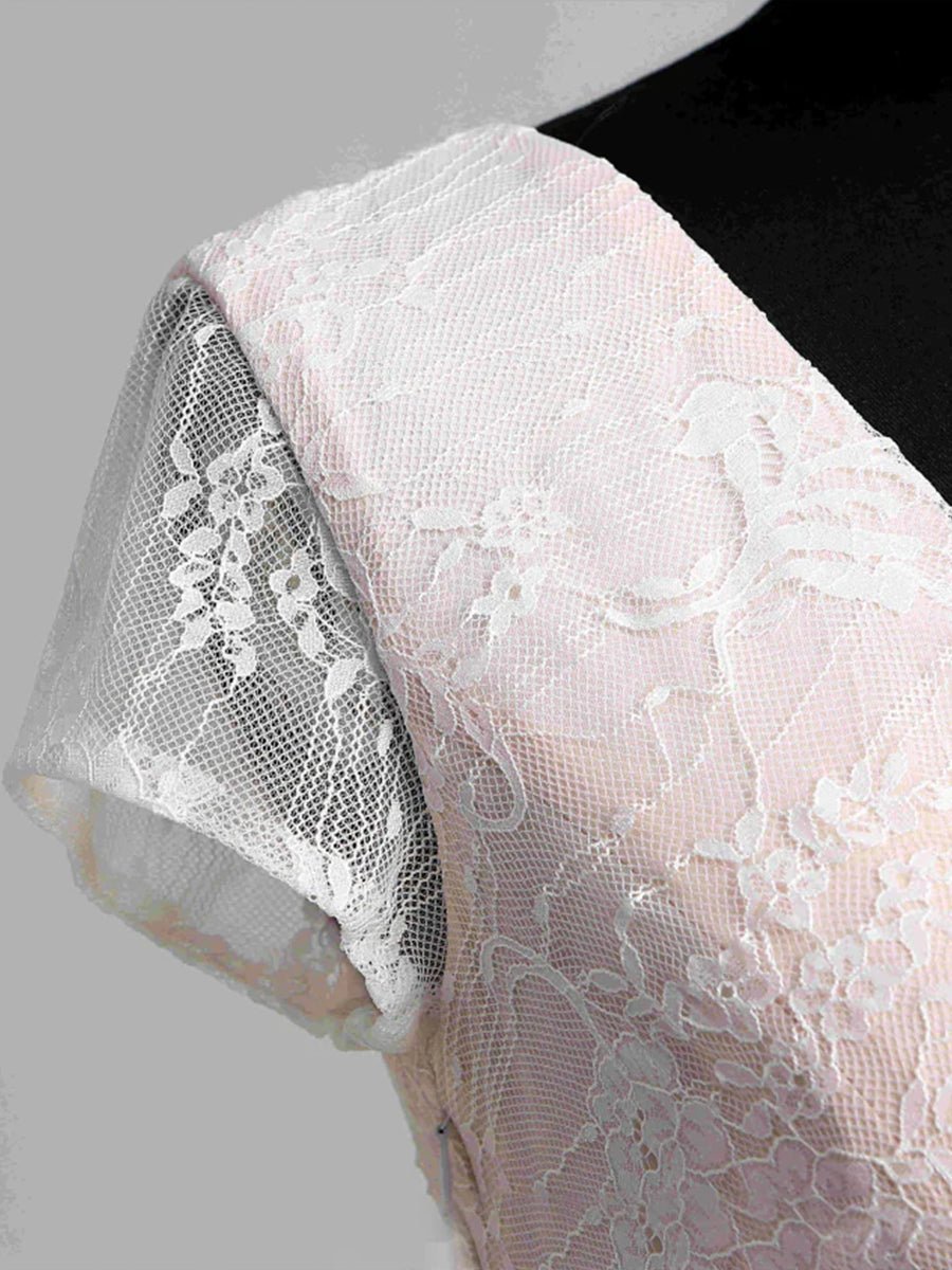 Short Sleeve V - neck Pleated Long Lace Wedding Dress - KissProm