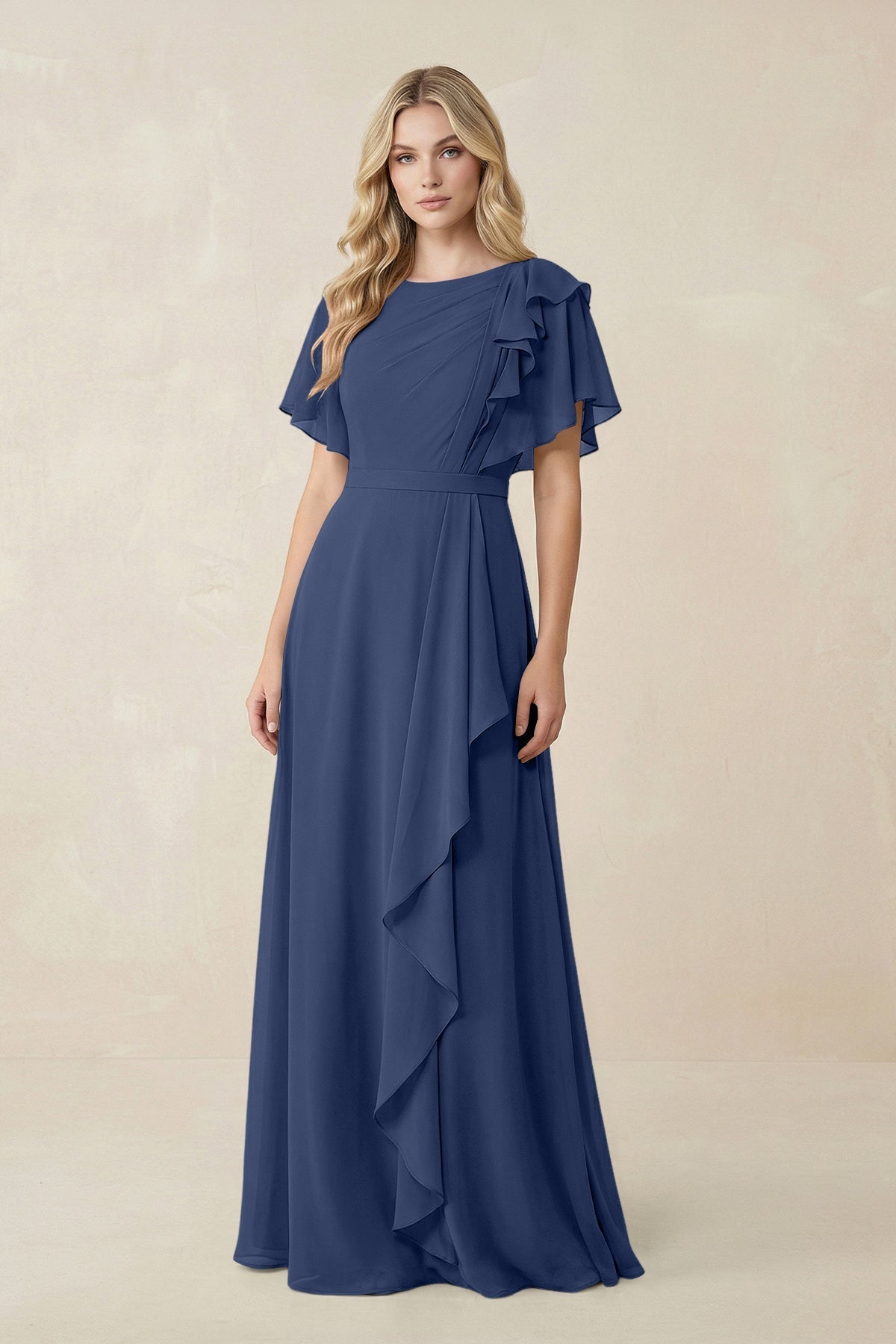KissProm | Short Sleeves Bateau A-Line Chiffon Bridesmaid Dress in Navy