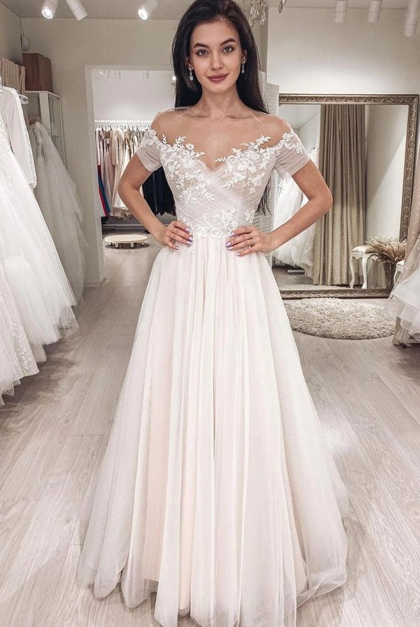 Short Sleeves Illusion Neckline A - line Lace Appliques Covered - Button Wedding Dresses - KissProm