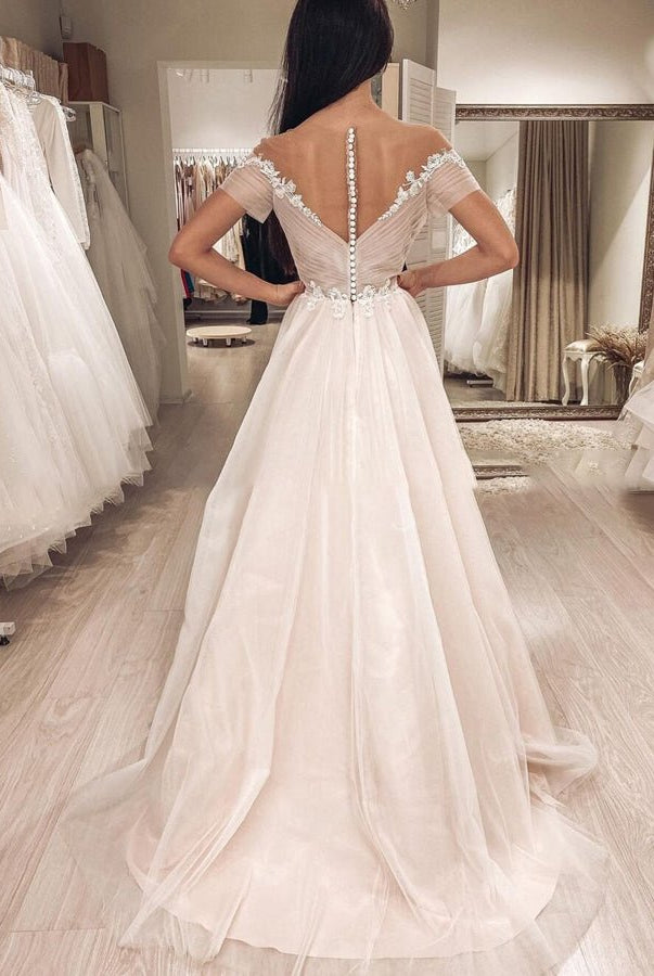 Short Sleeves Illusion Neckline A - line Lace Appliques Covered - Button Wedding Dresses - KissProm