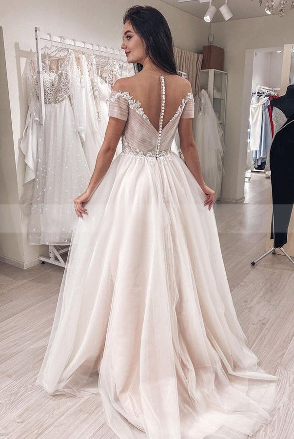 Short Sleeves Illusion Neckline A - line Lace Appliques Covered - Button Wedding Dresses - KissProm