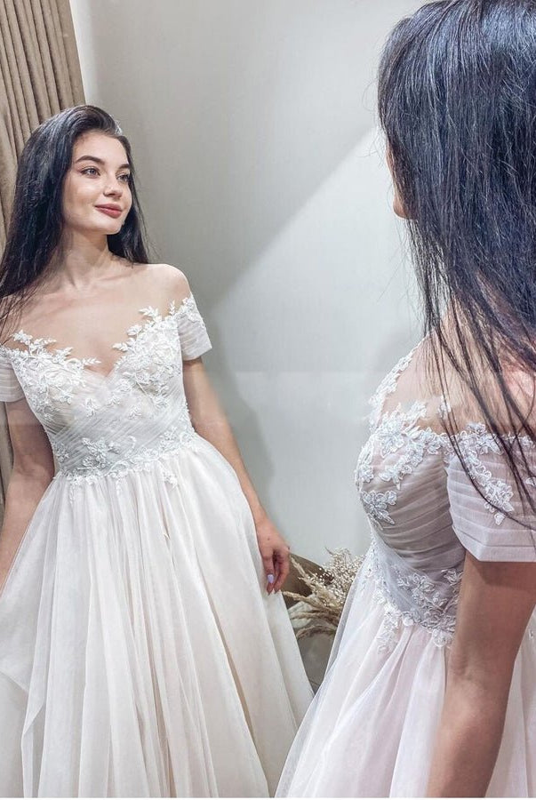 Short Sleeves Illusion Neckline A - line Lace Appliques Covered - Button Wedding Dresses - KissProm