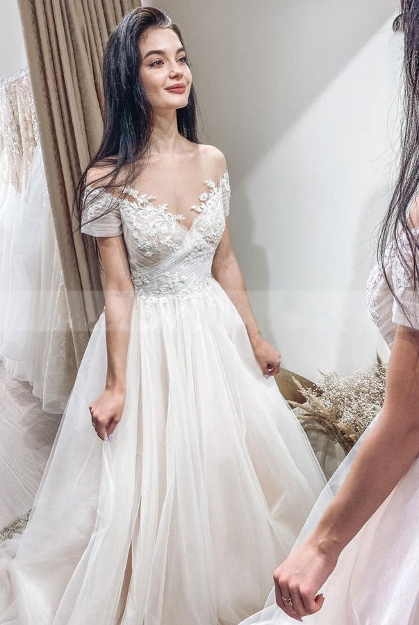 Short Sleeves Illusion Neckline A - line Lace Appliques Covered - Button Wedding Dresses - KissProm