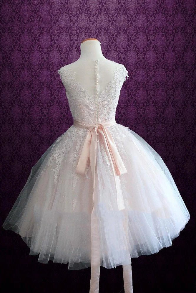 Short Tea-Length Tulle Lace Satin Weddig Dress