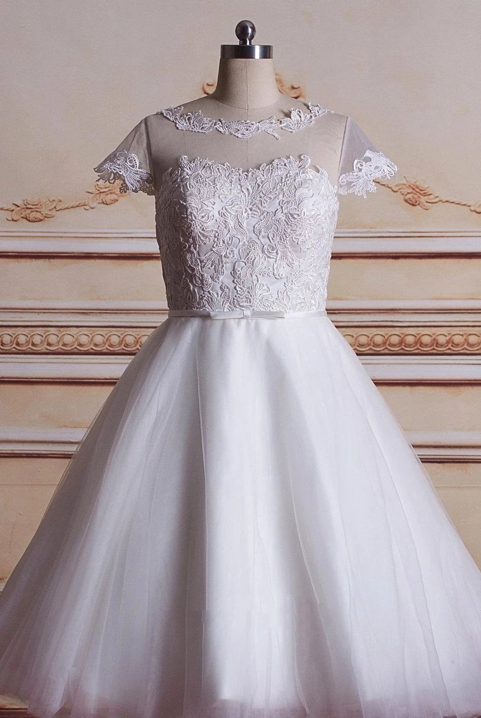 Camea | A-Line Tea-Length Tulle Lace Appliques Short Sleeves Wedding Dresses