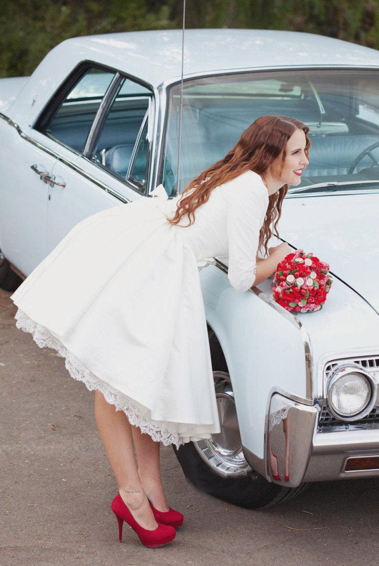 Knee Length Wedding Dress With 3/4 Sleeves