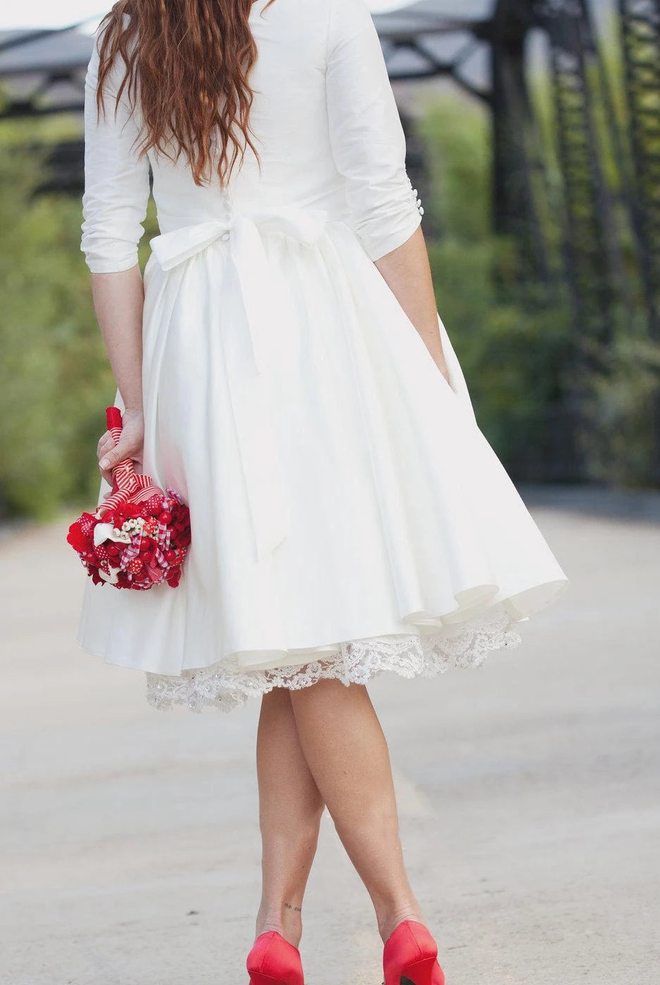 Knee Length Wedding Dress With 3/4 Sleeves
