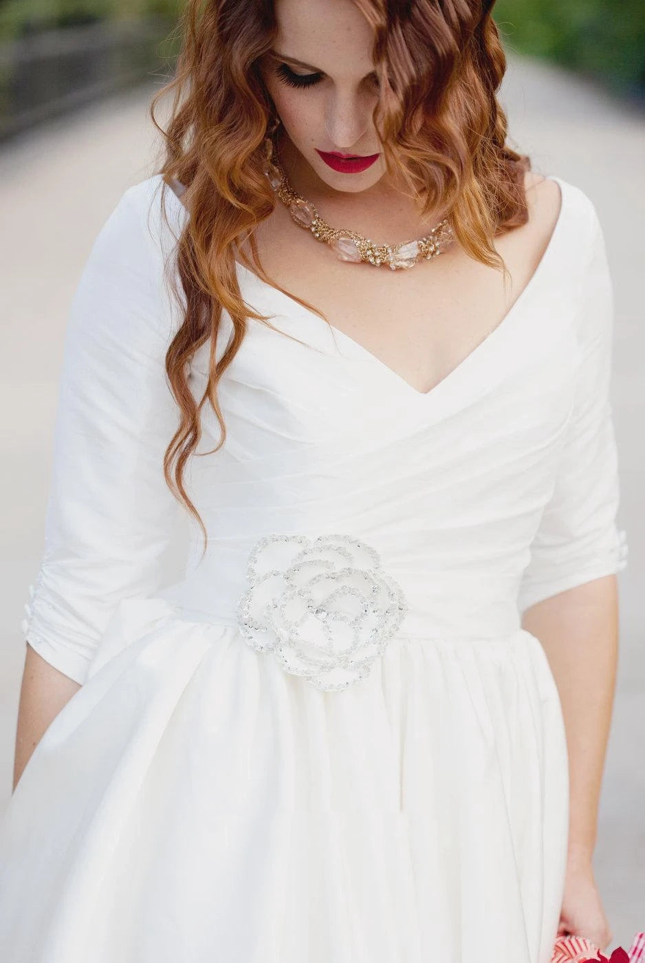 Knee Length Wedding Dress With 3/4 Sleeves