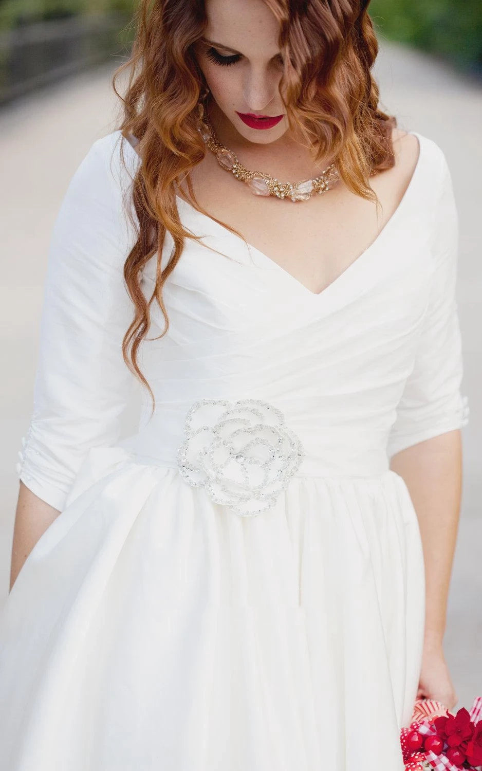 Knee Length Wedding Dress With 3/4 Sleeves