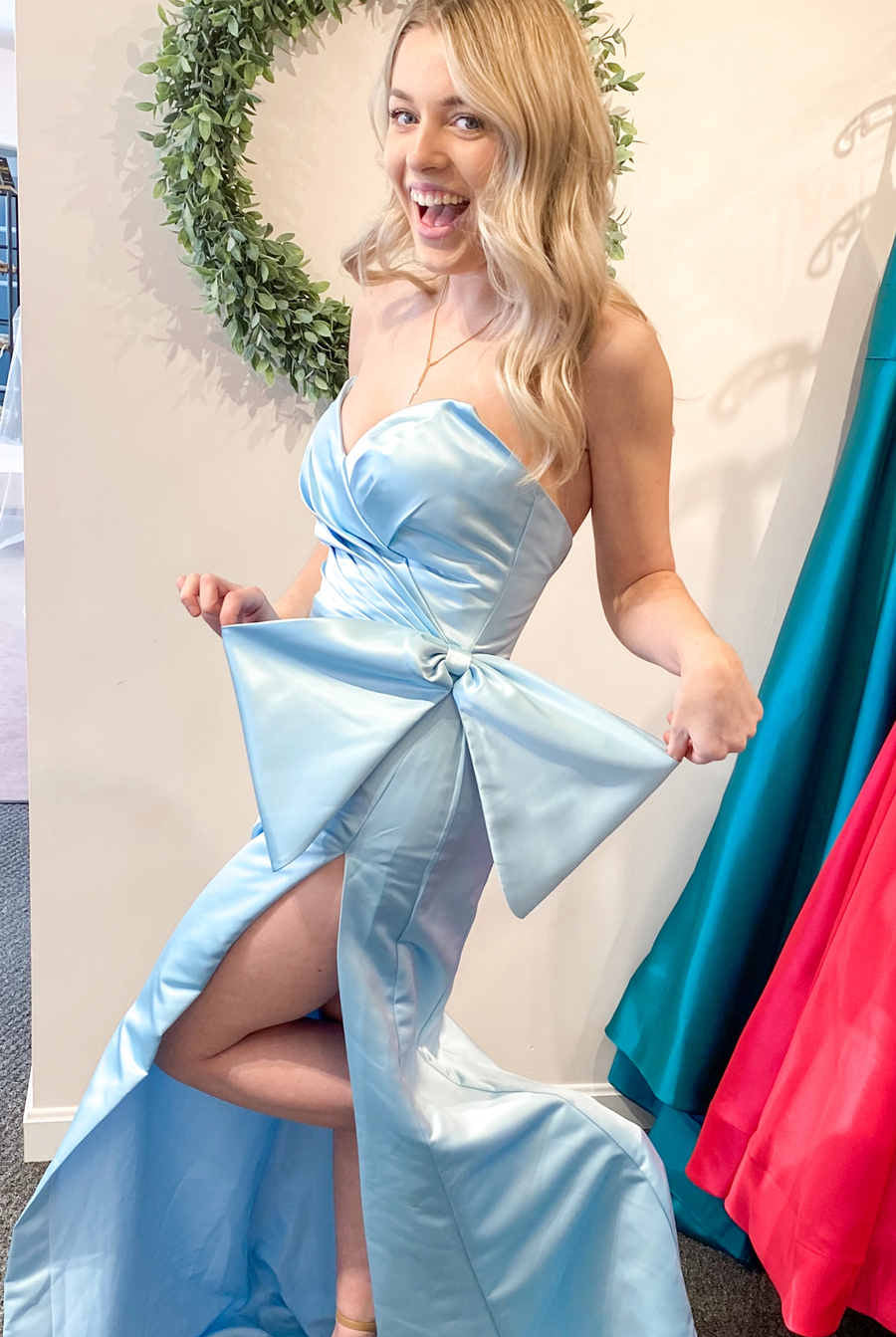 Bexley| Mermaid Red Strapless Long Satin Prom Dress with Bow Tie