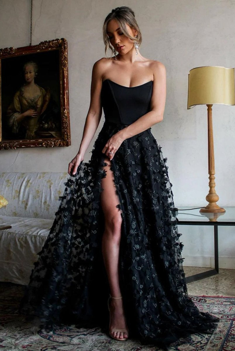 Silas | A-Line Strapless 3D Flowers Black Long Prom Dresses with Slit