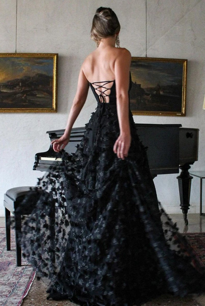 Silas | A-Line Strapless 3D Flowers Black Long Prom Dresses with Slit