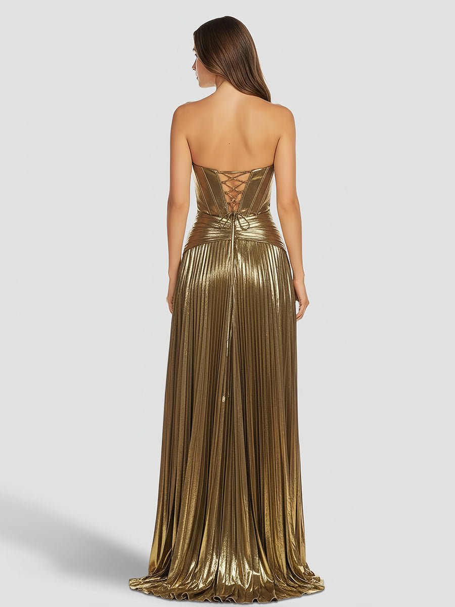 Sileas | Sweetheart Metallic Pleated Long Formal Dress With Slit - KissProm