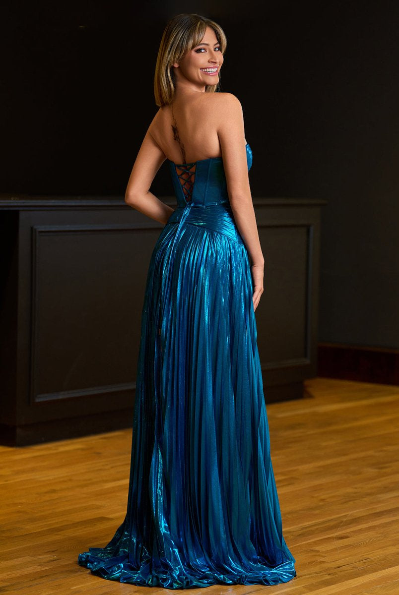 KissProm-Sileas Peacock Sweetheart Metallic Pleated Long Formal Dress With Slit