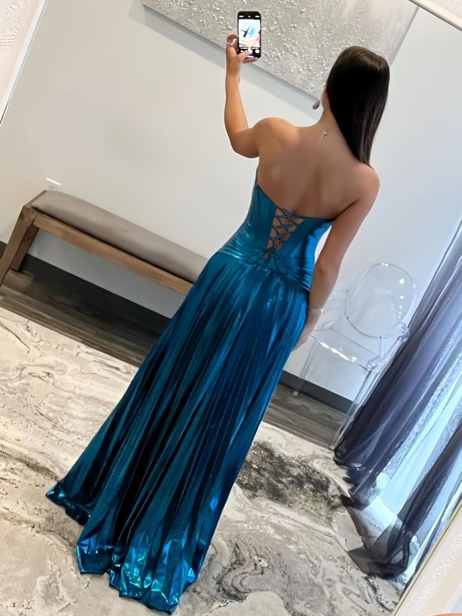 KissProm-Sileas Peacock Sweetheart Metallic Pleated Long Formal Dress With Slit