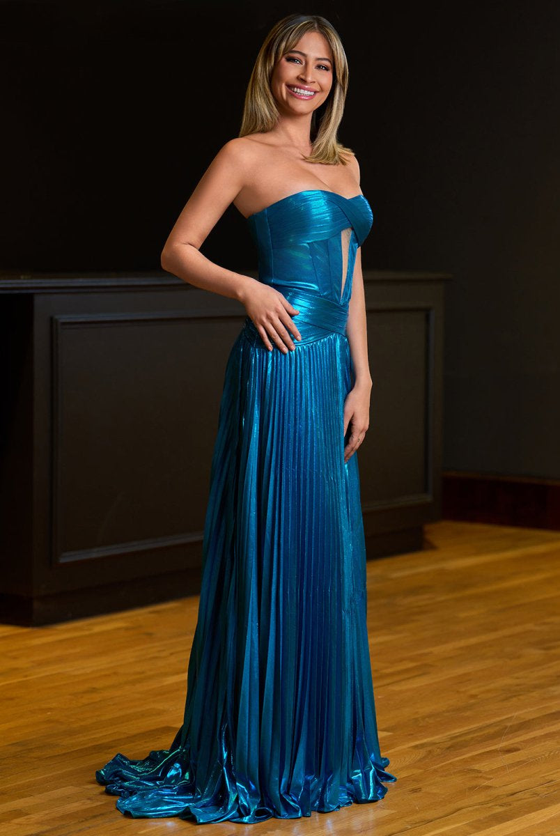 KissProm-Sileas Peacock Sweetheart Metallic Pleated Long Formal Dress With Slit