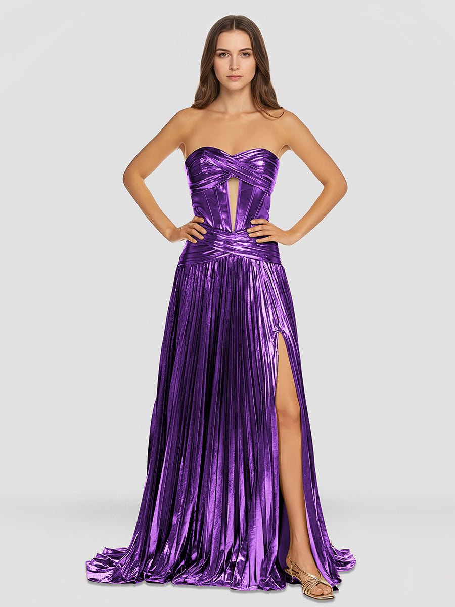 KissProm-Sileas Purple Sweetheart Metallic Pleated Long Formal Dress With Slit