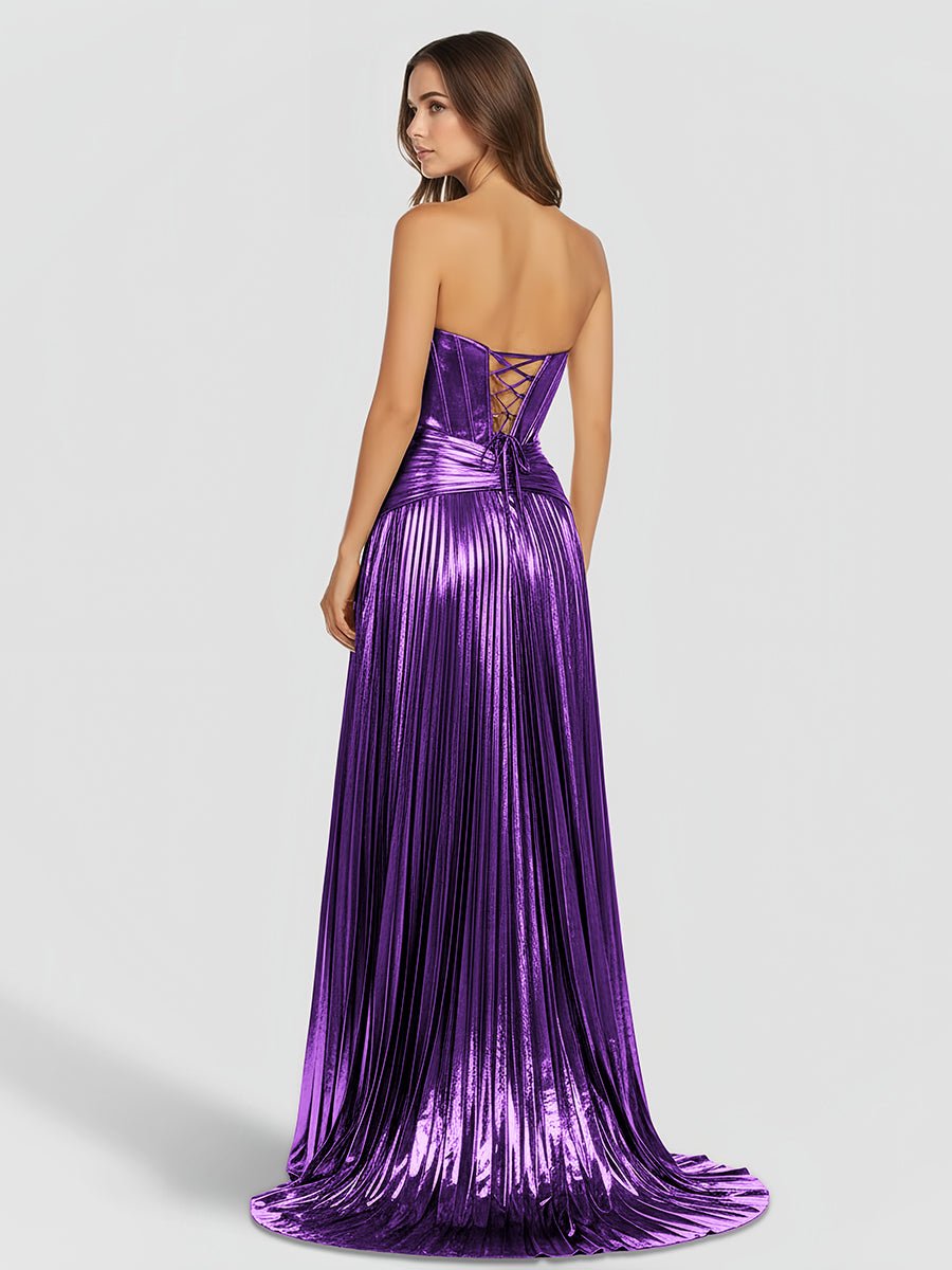 KissProm-Sileas Purple Sweetheart Metallic Pleated Long Formal Dress With Slit