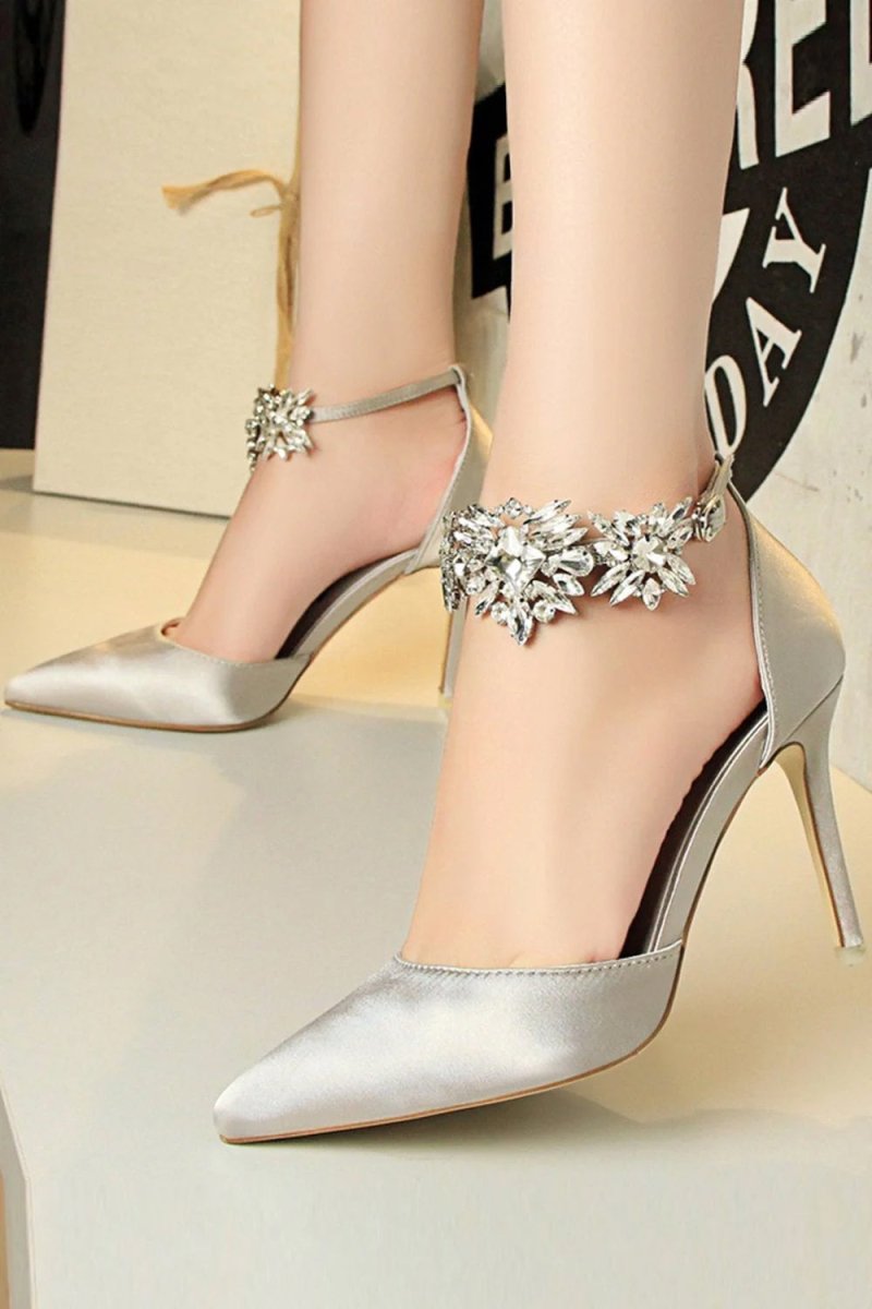 Silver Ankle Strap Prom Heels with Crystals - KissProm