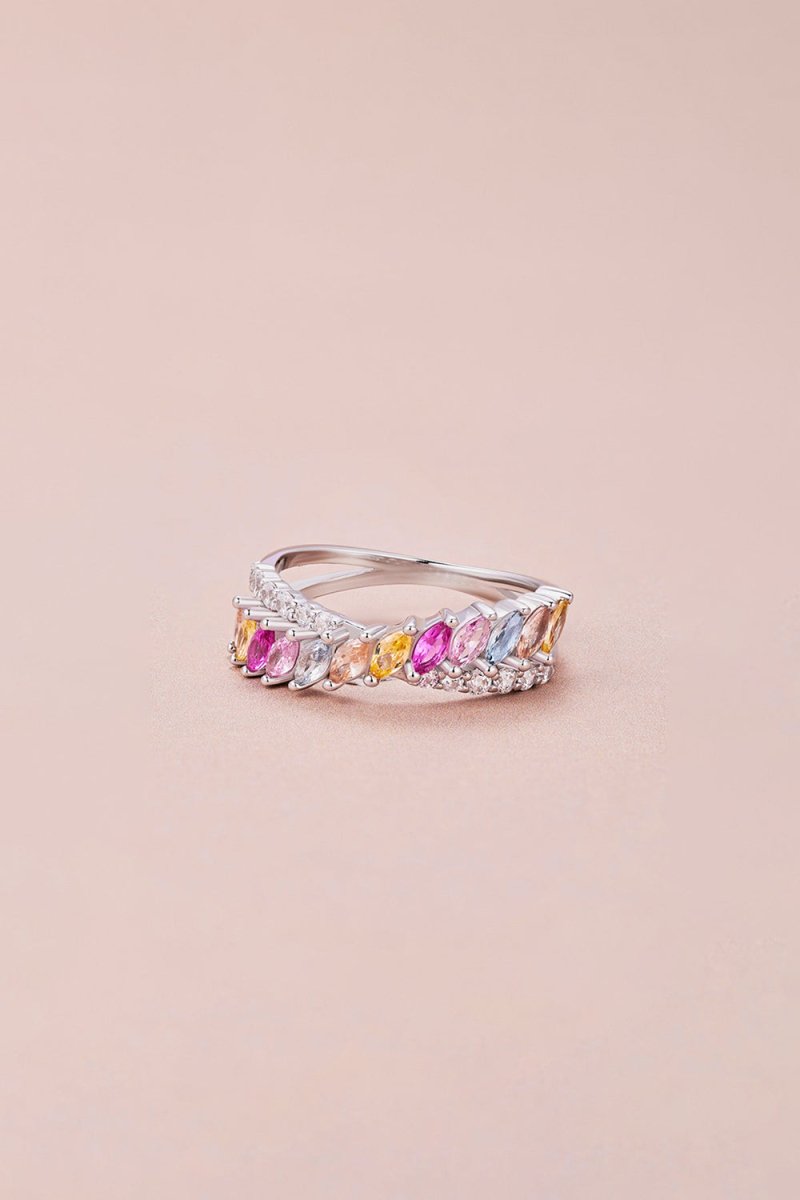 Silver Cross Shaped 5A Cubic Zirconia Colorful Agate Twisted Ring - KissProm