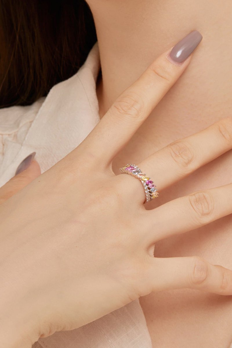 Silver Cross Shaped 5A Cubic Zirconia Colorful Agate Twisted Ring - KissProm