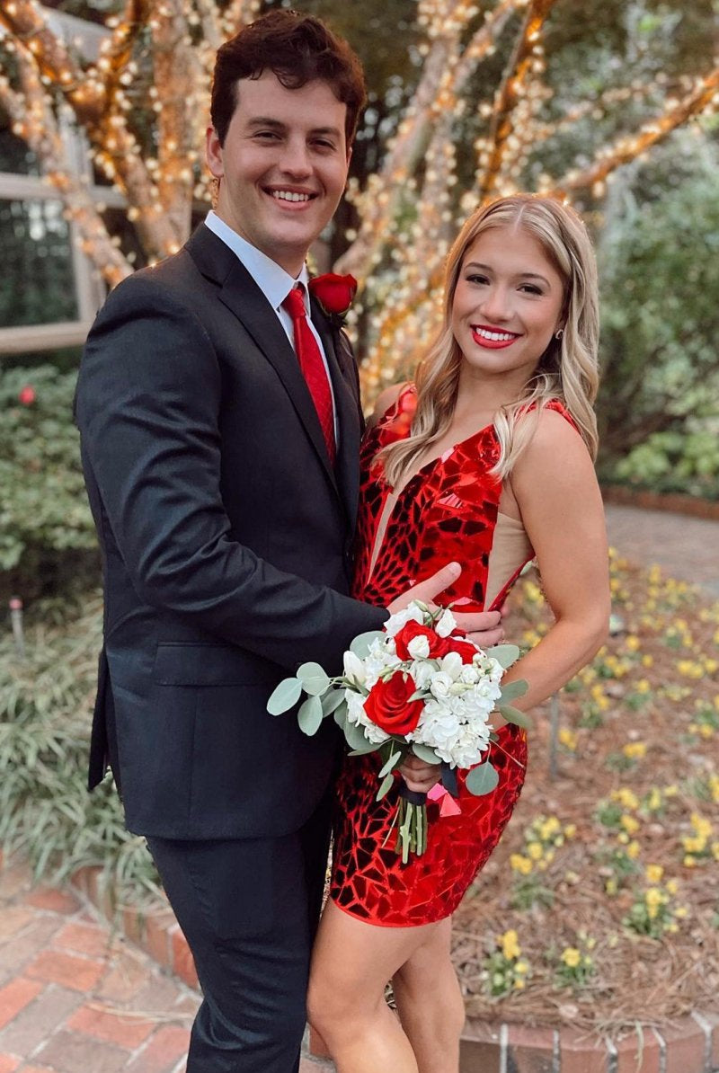 Silver Cut Glass Mirrors Plunge V Short Party Dress