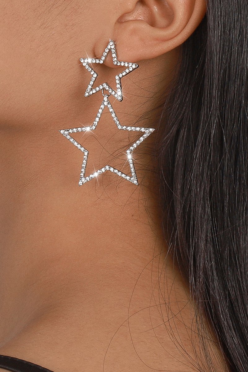 Silver Hollow Star Rhinestone Dangle Earrings