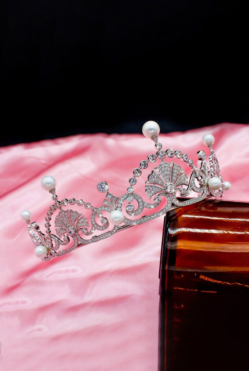 Silver Pearls Royal Lotus Flower Tiara - KissProm