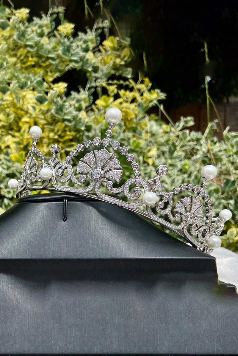 Silver Pearls Royal Lotus Flower Tiara - KissProm