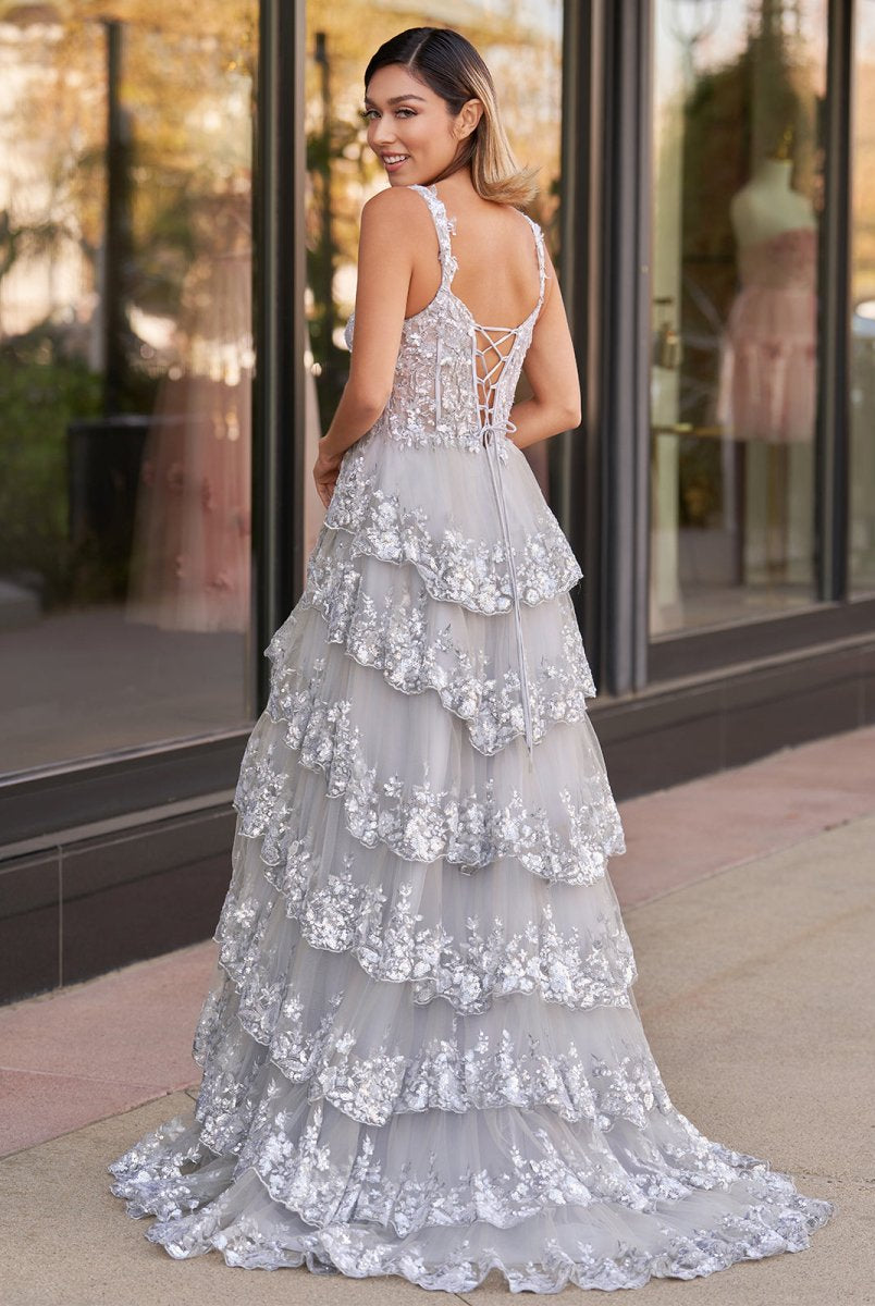 Capri | A-Line Lace Off-the-Shoulder Tiered Long Prom Dress with Slit