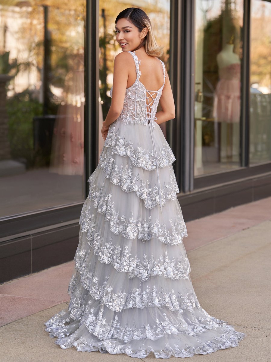 Capri | A-Line Lace Off-the-Shoulder Tiered Long Prom Dress with Slit