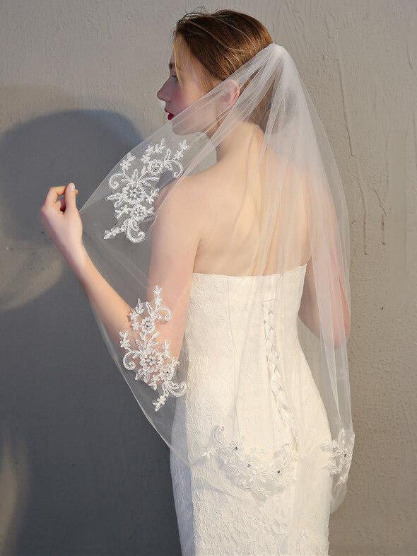 Simmple Short Wedding Veil Lace Mantilla Veils - KissProm