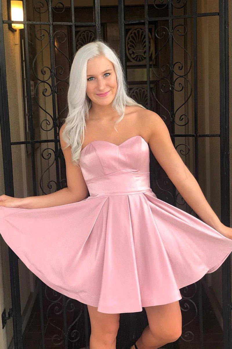 Simple A-Line Strapless Pink Short Homecoming Dresses Simple A-Line Strapless Pink Short Homecoming Dresses