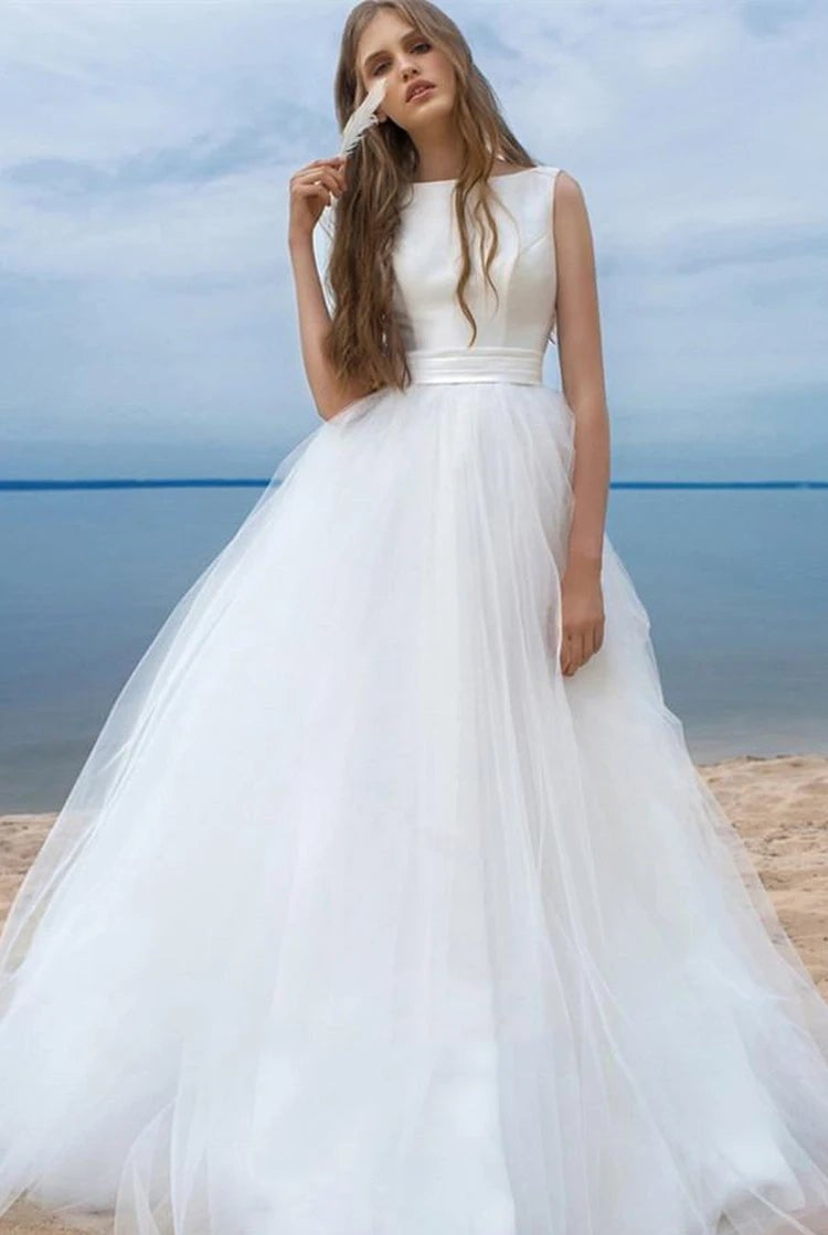 Simple Ball Gown Satin Tulle Bateau Sleeveless Wedding Dress With Bow and Ribbon