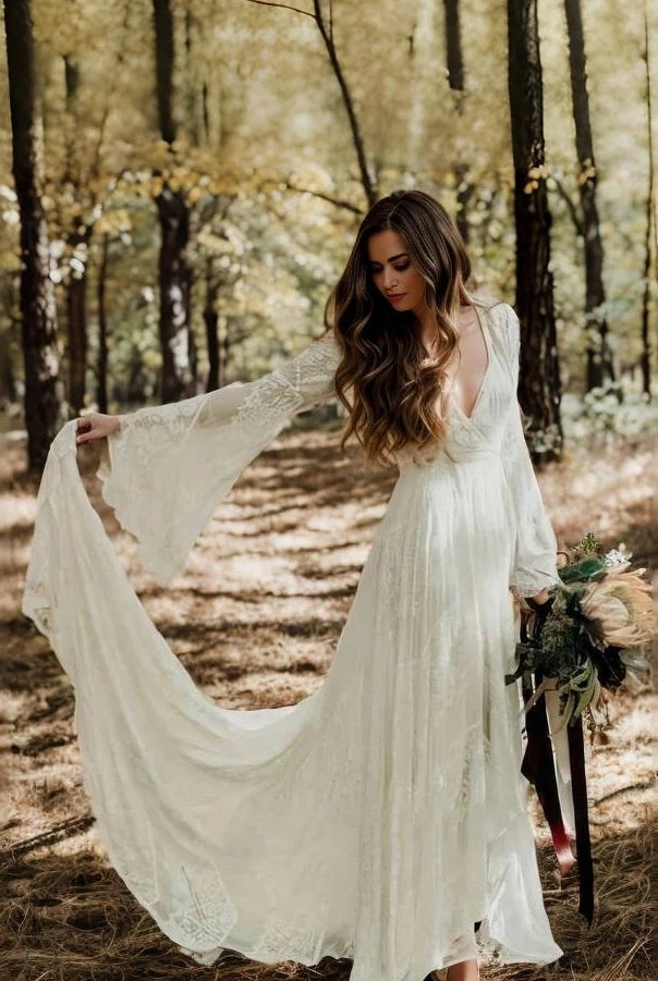 Tiffania | Simple Casual Long Sleeves Boho Lace Wedding Dress With Sweep Train