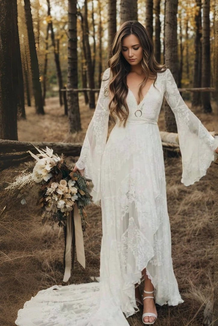 Tiffania | Simple Casual Long Sleeves Boho Lace Wedding Dress With Sweep Train