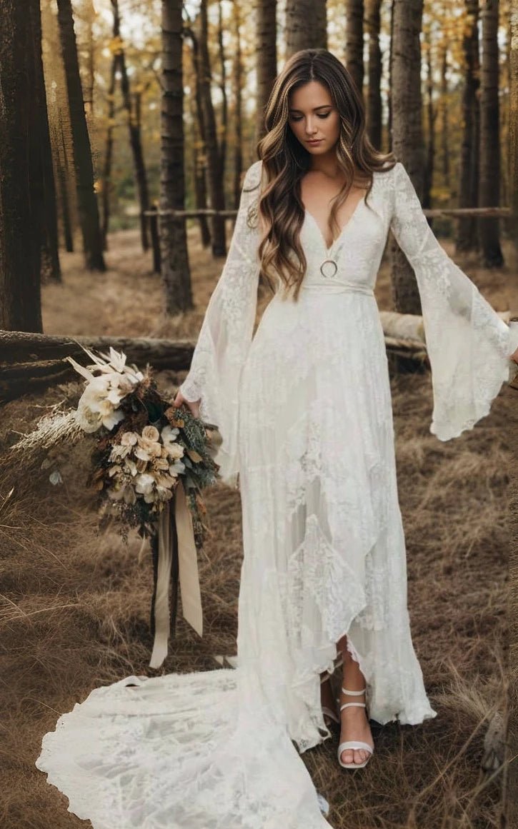 Tiffania Simple Casual Long Sleeves Boho Lace Wedding Dress With Swe