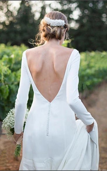 Simple Chiffon Sheath Bateau-neck Deep-V Back Bridal Gown with Chapel Train