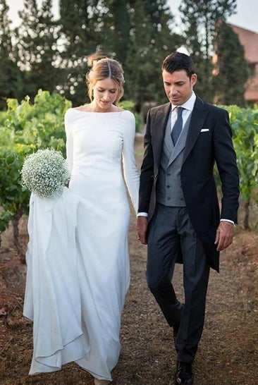 Simple Chiffon Sheath Bateau-neck Deep-V Back Bridal Gown with Chapel Train