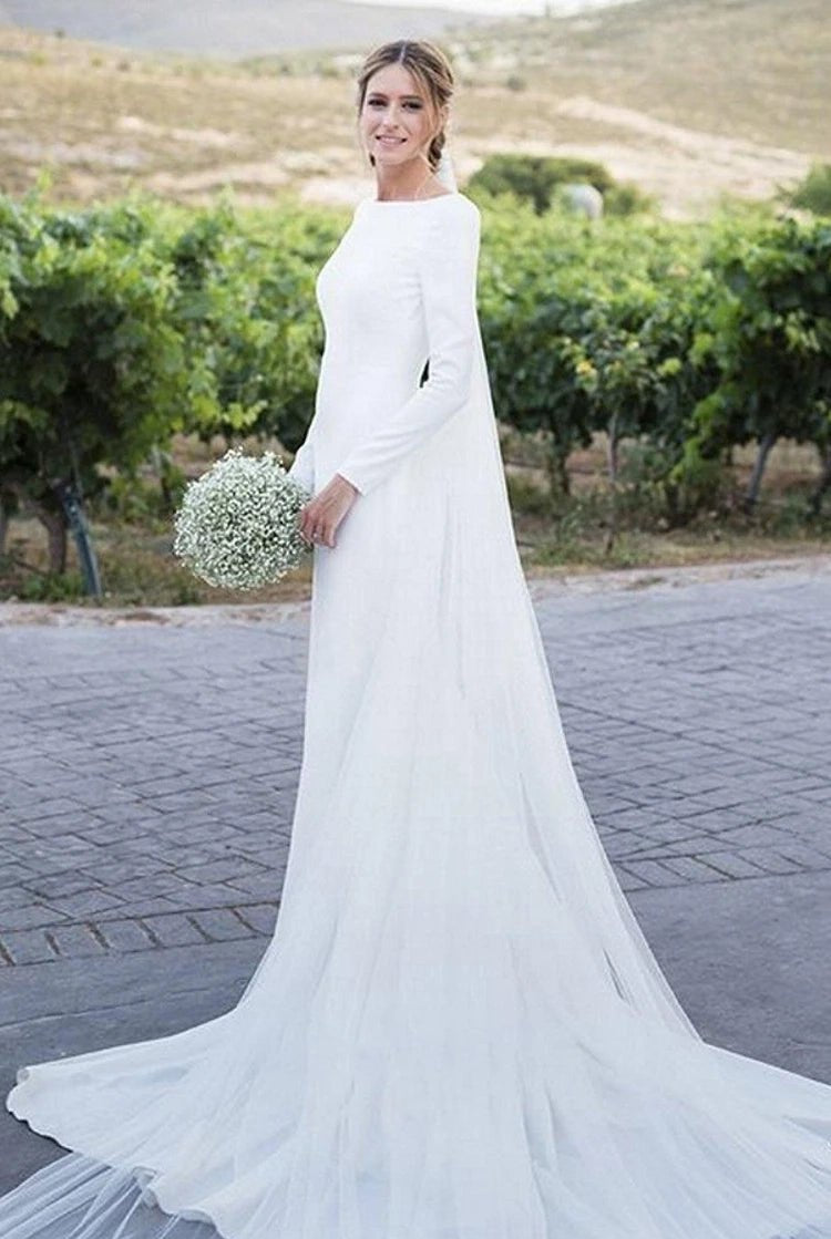 Simple Chiffon Sheath Bateau-neck Deep-V Back Bridal Gown with Chapel Train