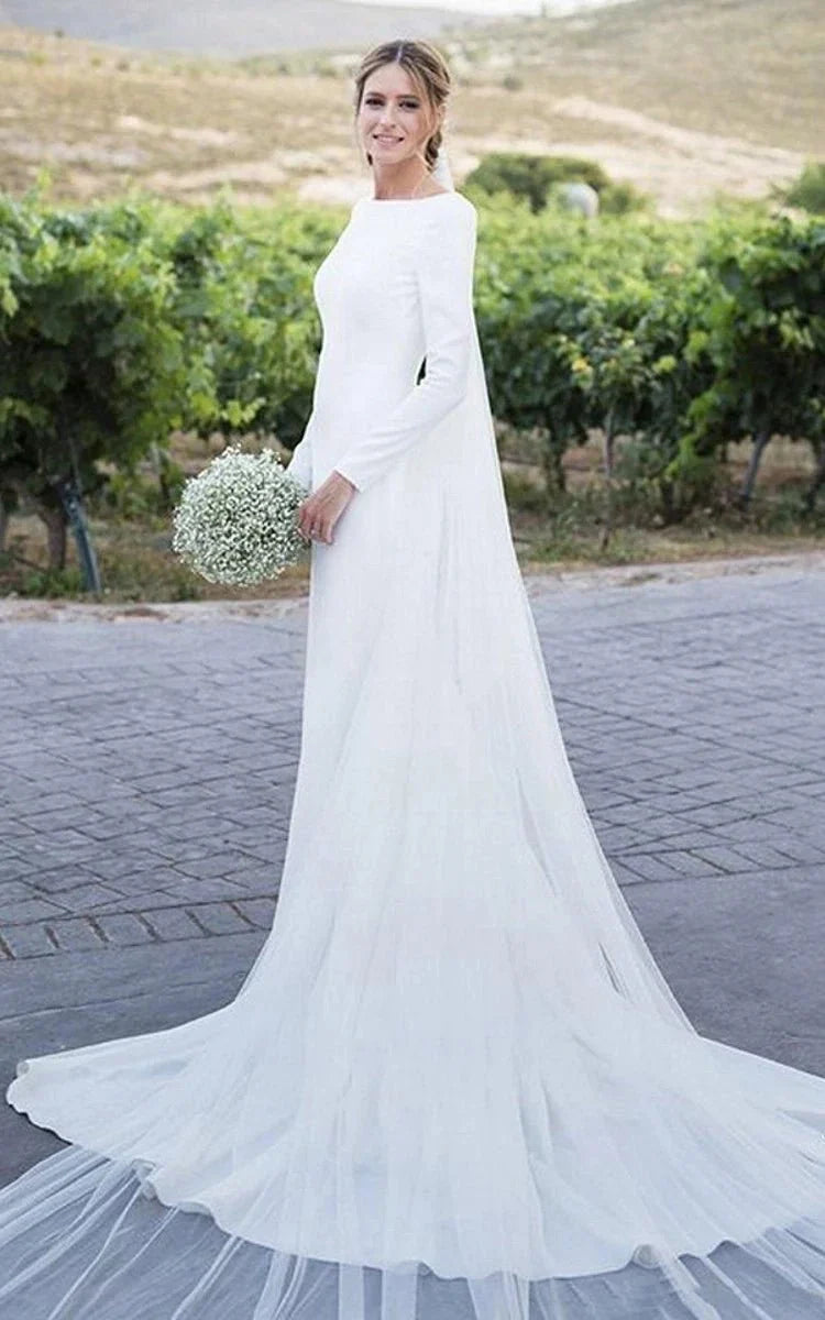 Simple Chiffon Sheath Bateau-Neck Deep-V Back Bridal Gown with Chapel Train, Diamond White / 10 Simple Chiffon Sheath Bateau-Neck Deep-V Back Bridal Gown with Chapel Train, Diamond White / 10