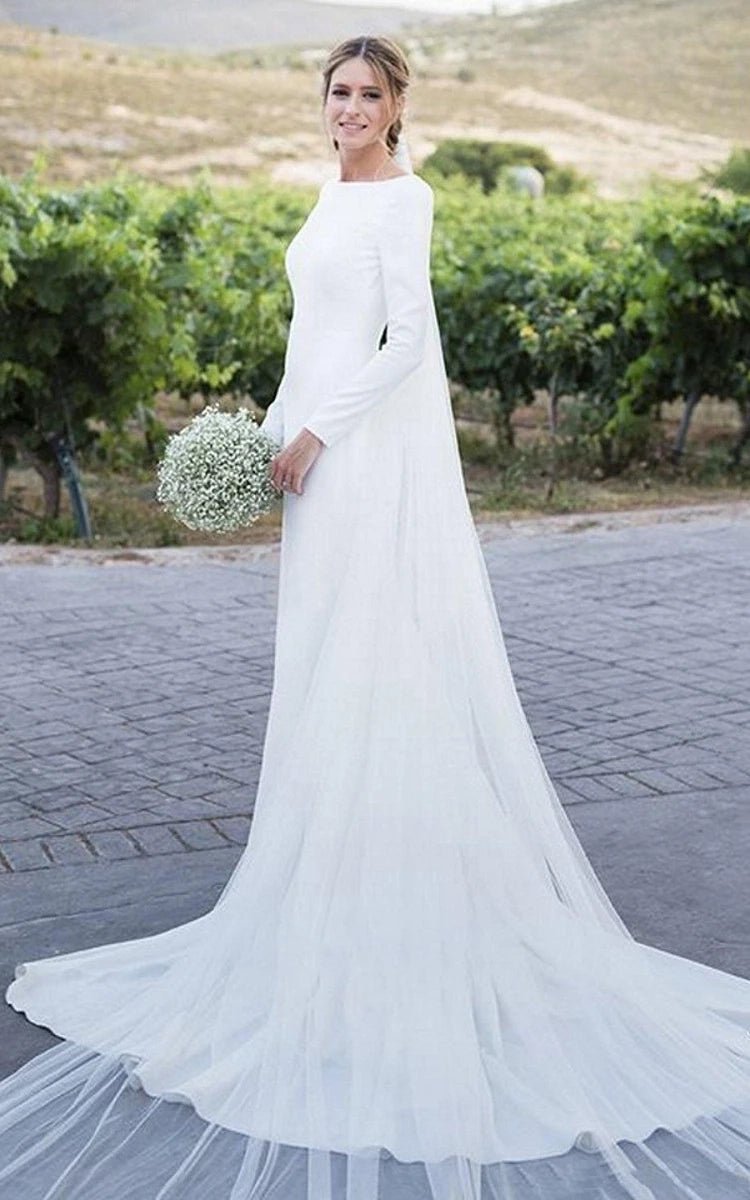 Simple Chiffon Sheath Bateau-neck Deep-V Back Bridal Gown with Chapel Train