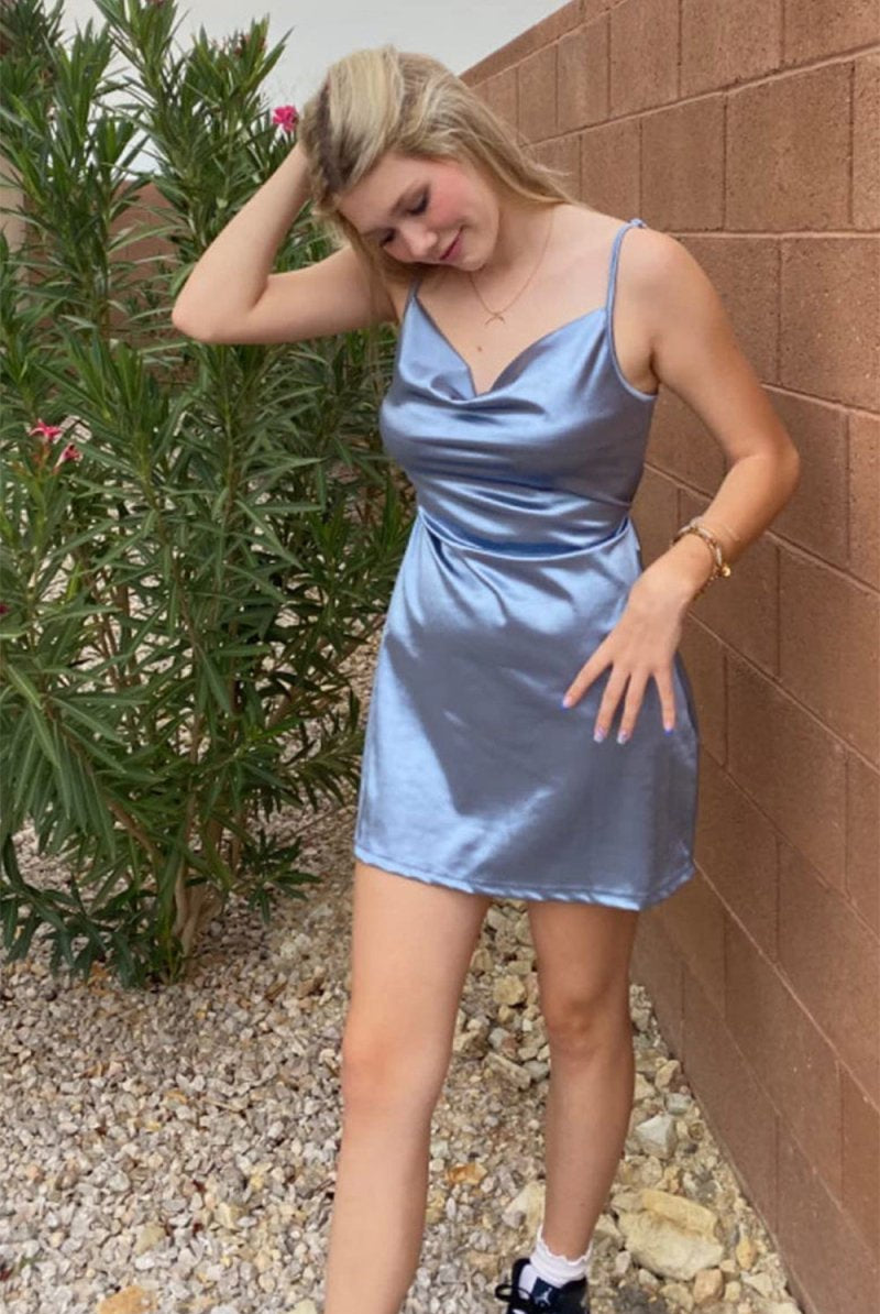 Simple Cowl Neck Champagne Satin Homecoming Dress