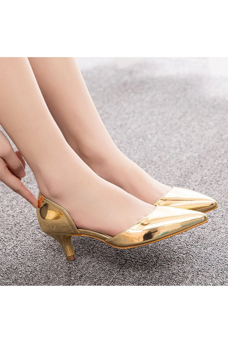 Simple Elegant Mid Cutout Two - Piece Slip on Pointed Toe Kitten Heels - KissProm